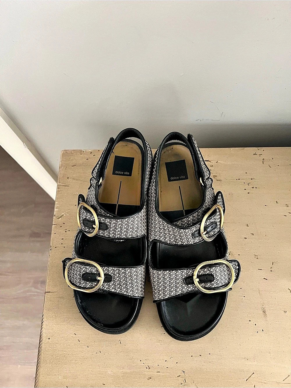Dolce Vita Buckle Sandals in Black & White